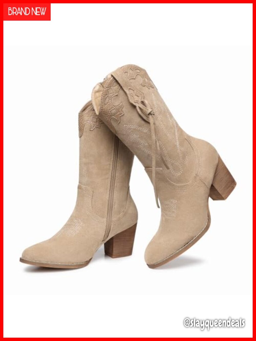 Suede Western Mid Calf Boots Round Toe Block Heel Side Zipper